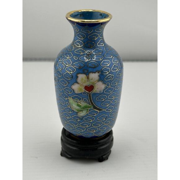 Vintage Mini Chinese Enameled Cloisonne Vase w/ Stand 3 inch Blue PinkFloral - Picture 2 of 8